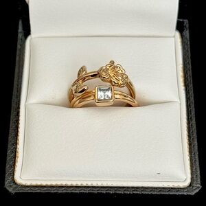 Gold Tone Multi-Band Ring with Square Crystal & Floral Accent
